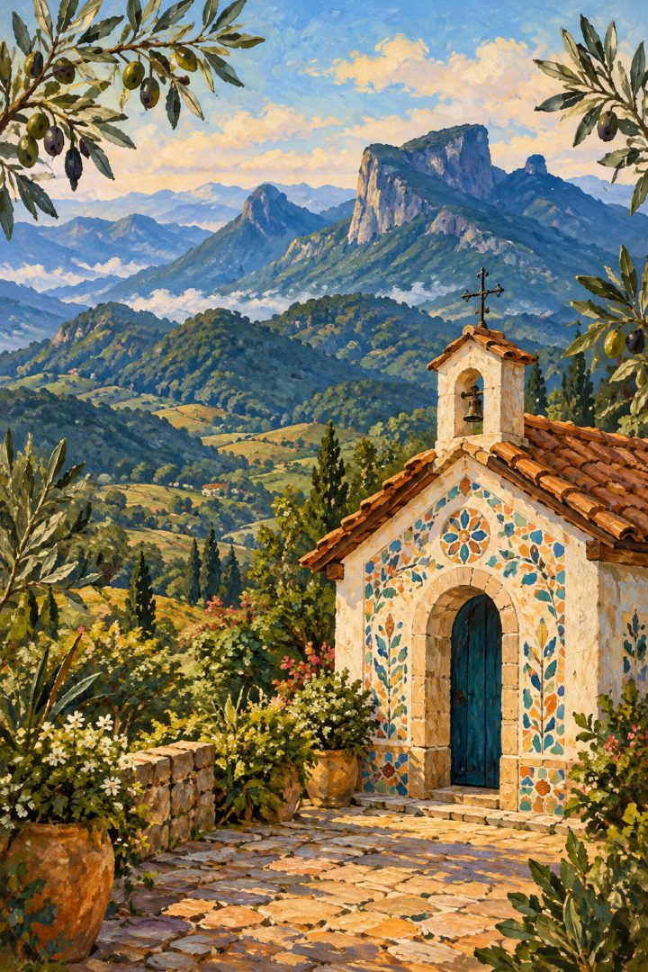 Ilustração artística de montanhas da Mantiqueira, uma pequena capela com mosaicos e ramos de oliveira, em composição inspirada em São Bento do Sapucaí.