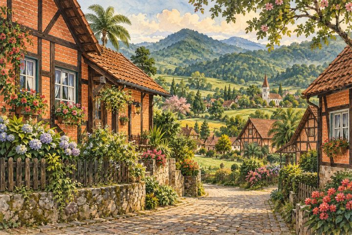 Ilustração artística de Pomerode com referências à arquitetura enxaimel, jardins e morros verdes.
