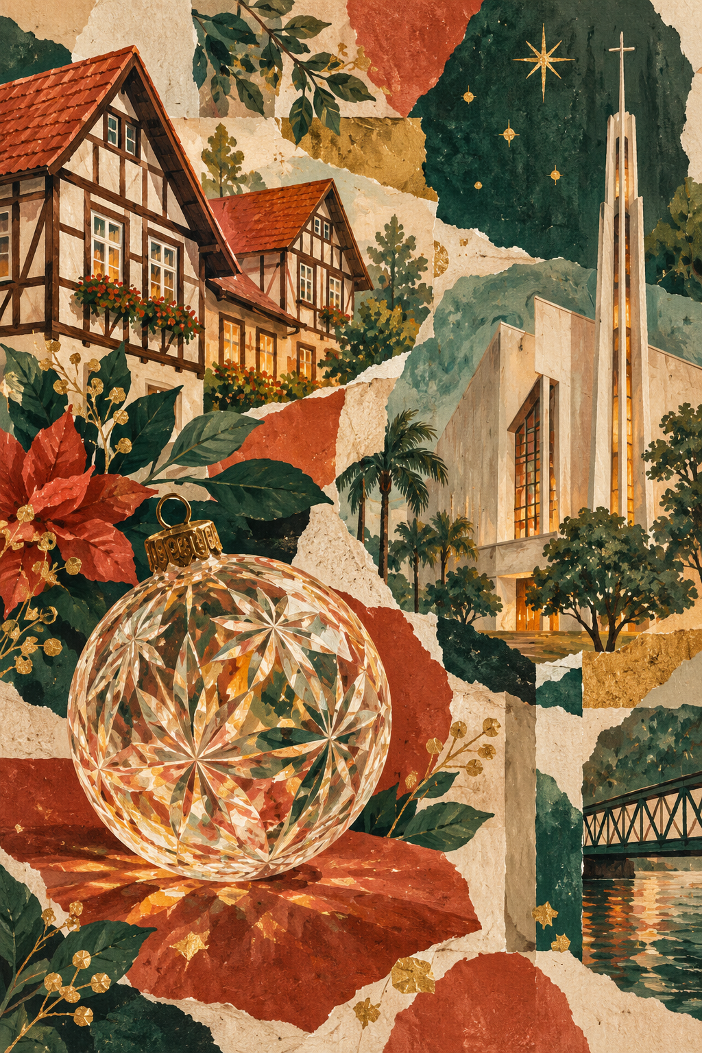 Ilustração artística de Blumenau reunindo casas em enxaimel, formas da Catedral, cristal e luzes natalinas em uma composição imaginada.