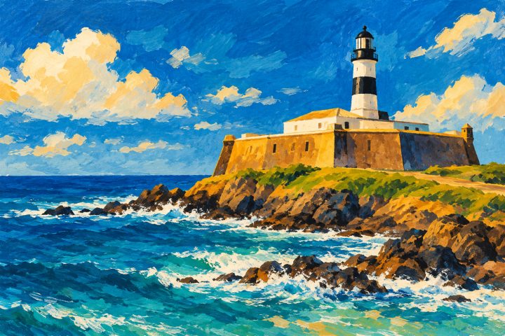 Ilustração do Farol da Barra, em Salvador, com faixas pretas e brancas sobre o forte junto ao mar, em tons de azul e ocre.