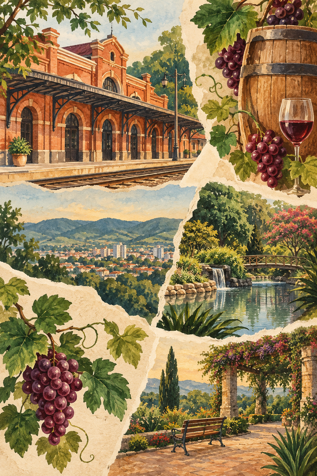 Ilustração artística de Jundiaí reunindo referências ferroviárias, jardins e tradições do vinho, sem texto.