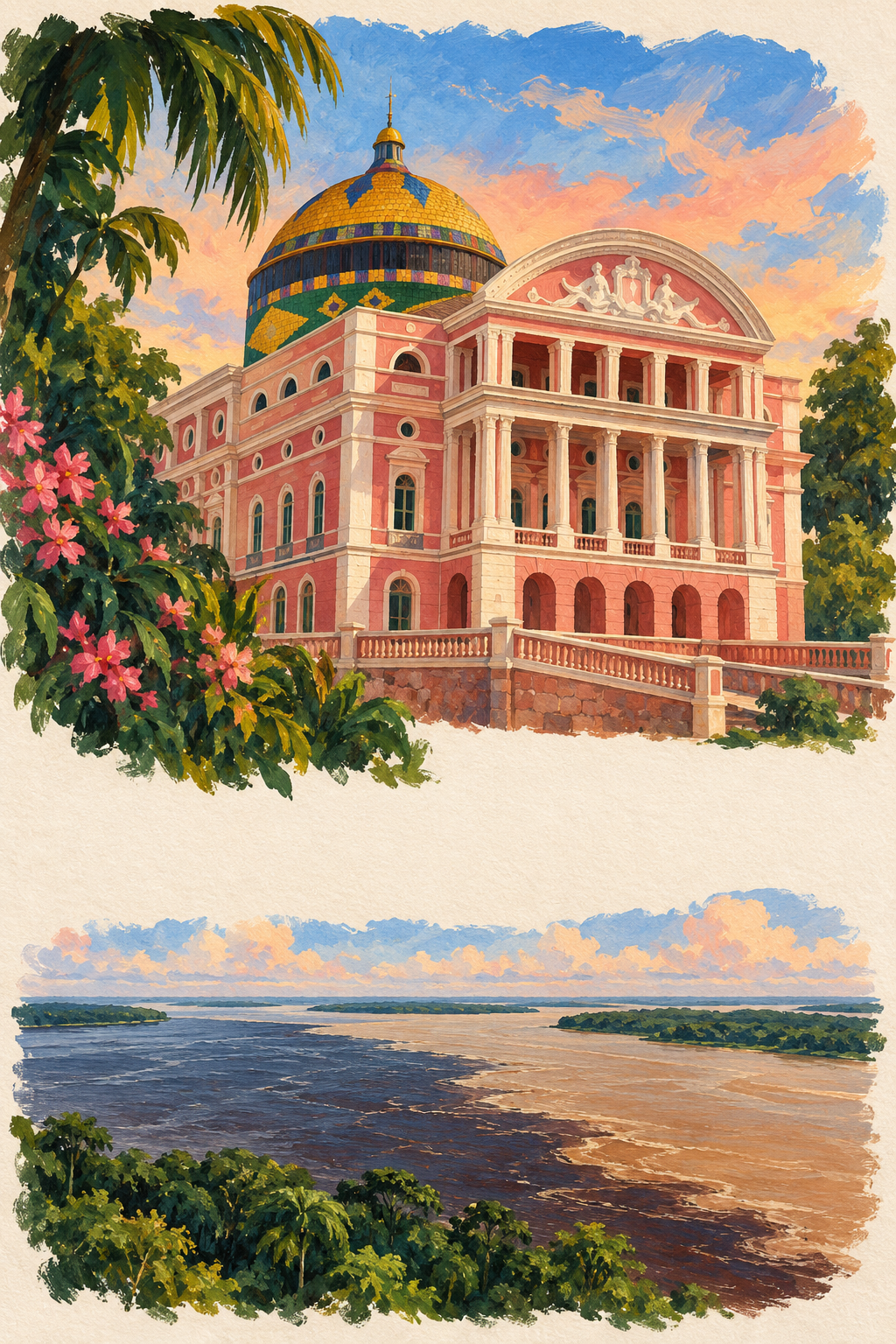 Ilustração de Manaus em vinhetas separadas: fachada rosa do Teatro Amazonas e águas escuras e barrentas inspiradas no Encontro das Águas, com vegetação.