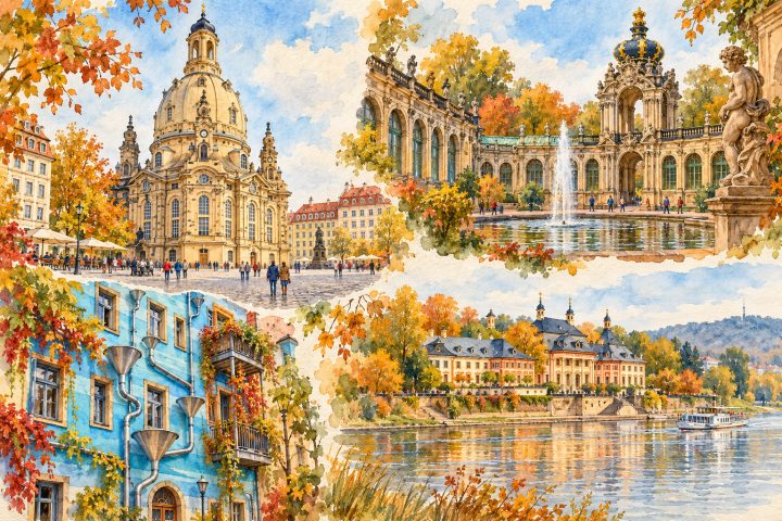 Ilustração artística de Dresden, reunindo arquitetura da Altstadt, uma fachada da Kunsthofpassage e Pillnitz junto ao Elba.