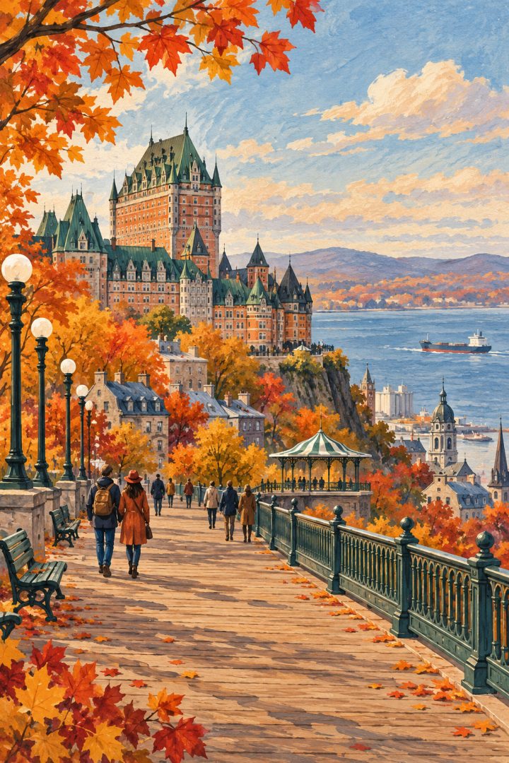 Ilustração artística de Québec no outono, com o Château Frontenac, o rio São Lourenço e folhas em tons ocres.