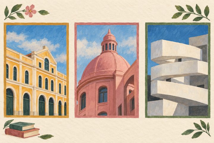 Composição imaginária de Porto Alegre em guache, com vinhetas claramente separadas do Mercado Público, da Casa de Cultura Mario Quintana e da Fundação Iberê Camargo, acompanhadas de livros e folhas decorativas.