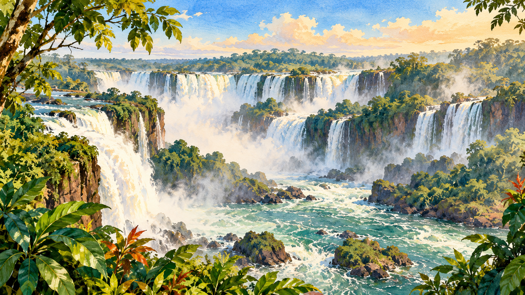 Ilustração em aquarela das Cataratas do Iguaçu, com quedas-d’água entre paredões rochosos, névoa e vegetação densa.
