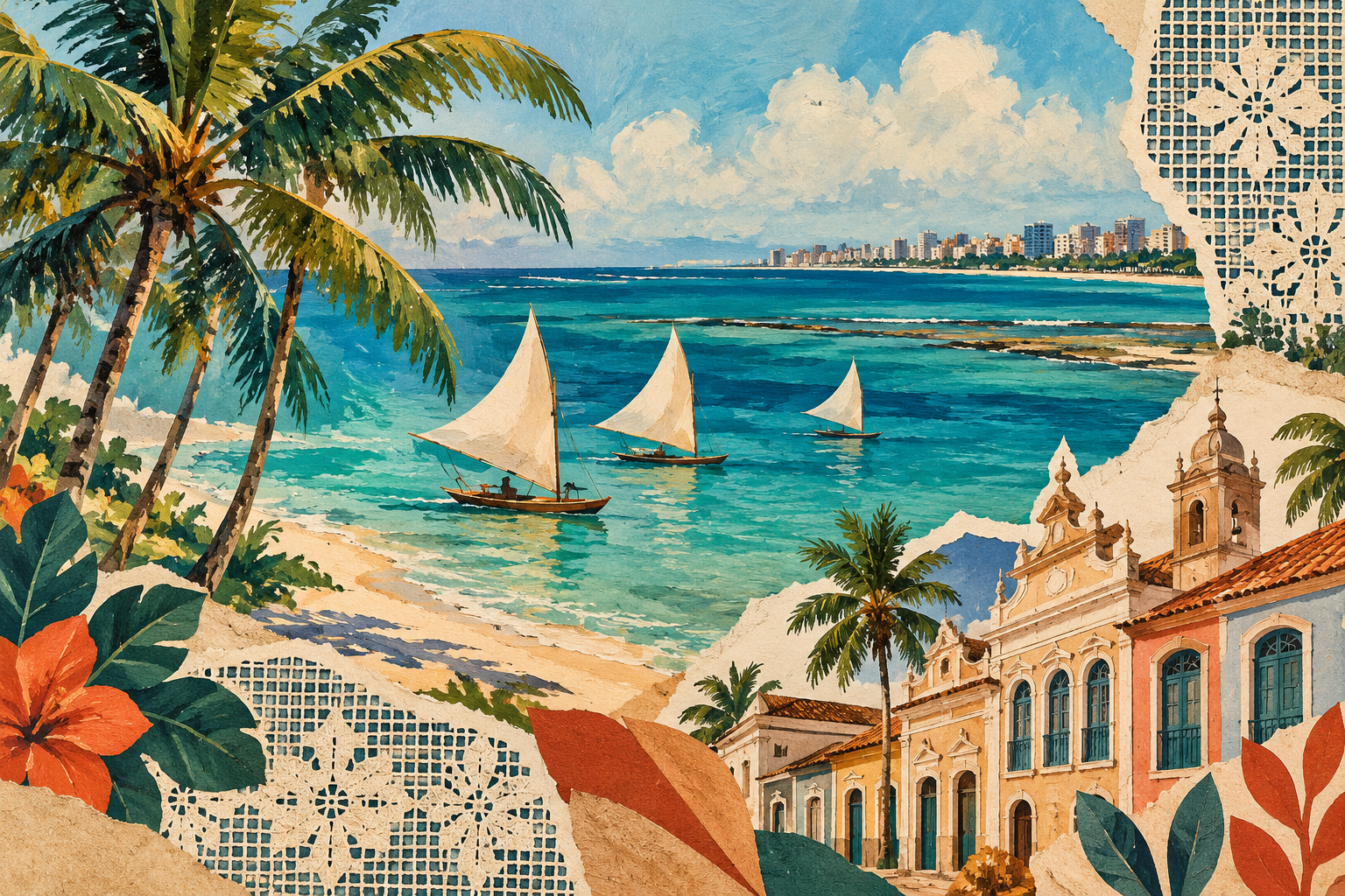 Ilustração artística de Maceió com jangadas, coqueiros, casario e motivos inspirados no bordado filé.