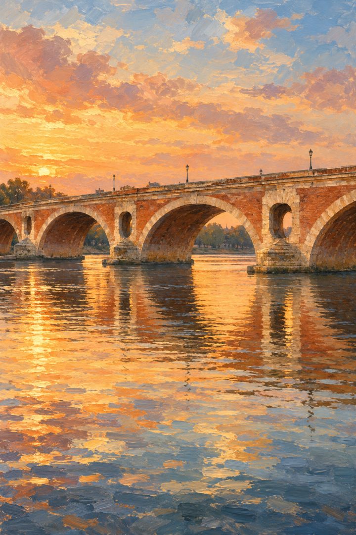 Ilustração pictórica do Pont Neuf sobre a Garonne, em Toulouse, com arcos de alvenaria e aberturas nos pilares.