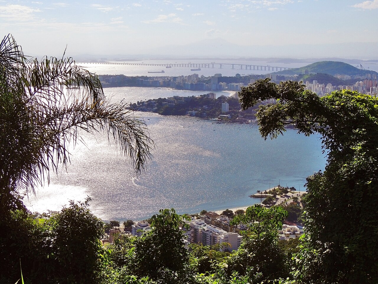 Vista elevada do Parque da Cidade em direção a São Francisco, com vegetação, praia, prédios, embarcações e uma ponte ao fundo.