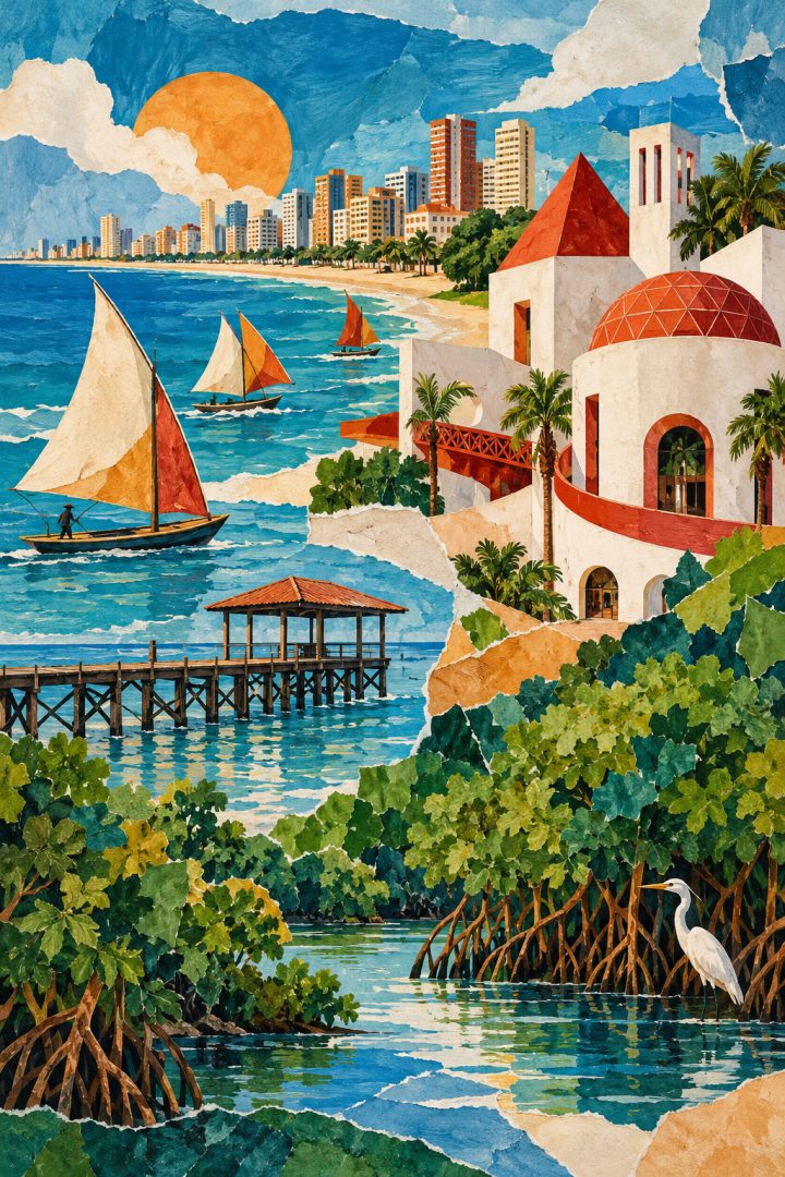 Ilustração artística de Fortaleza com jangadas, mar, arquitetura cultural e vegetação, em cores tropicais.