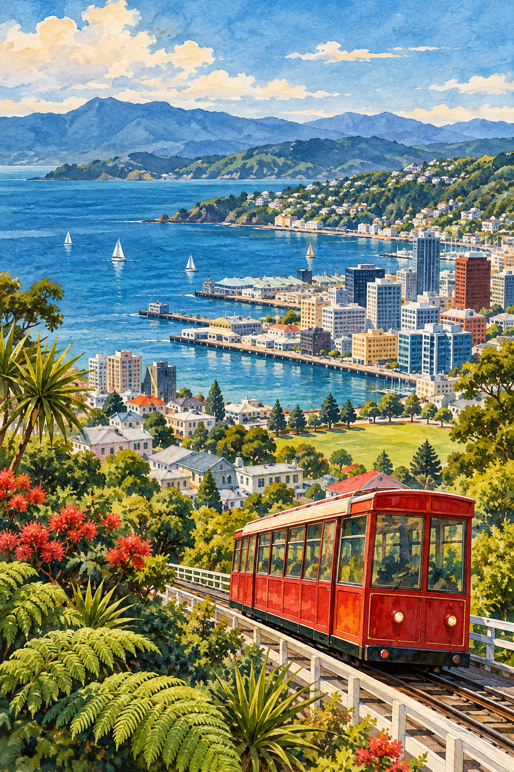 Ilustração artística de Wellington com a baía, encostas verdes, arquitetura urbana e um vagão vermelho do Cable Car.