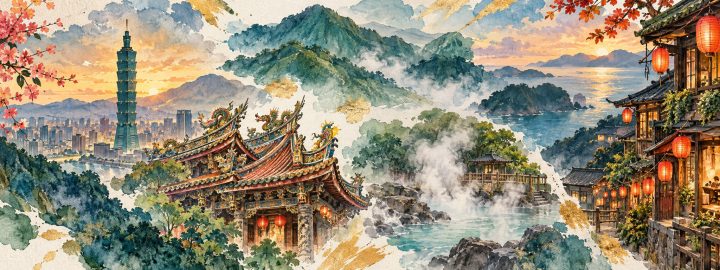 Ilustração artística de Taipé e Jiufen, com o Taipei 101, um templo ornamentado, montanhas e uma casa de chá com lanternas.
