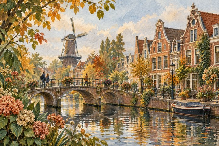 Ilustração artística de Leiden com canal, ponte, moinho e vegetação de jardim, em composição estilizada.