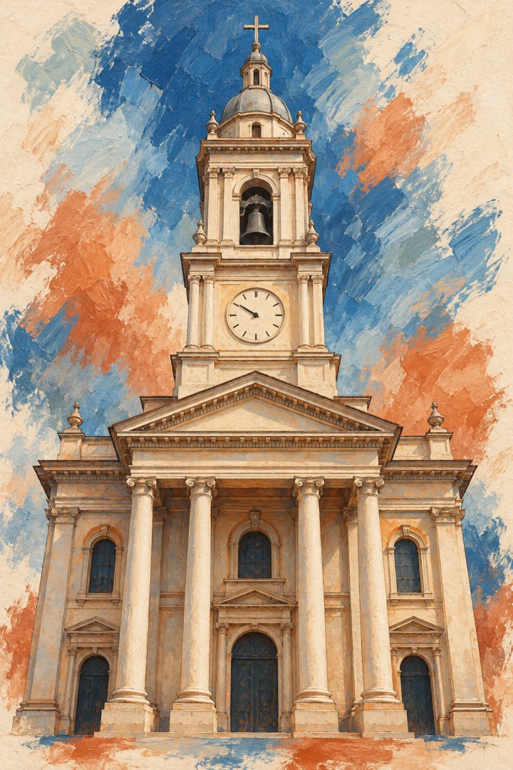 Ilustração da Catedral Metropolitana de Campinas, com fachada clara, colunas, frontão triangular, relógio e torre central com sino e cruz.
