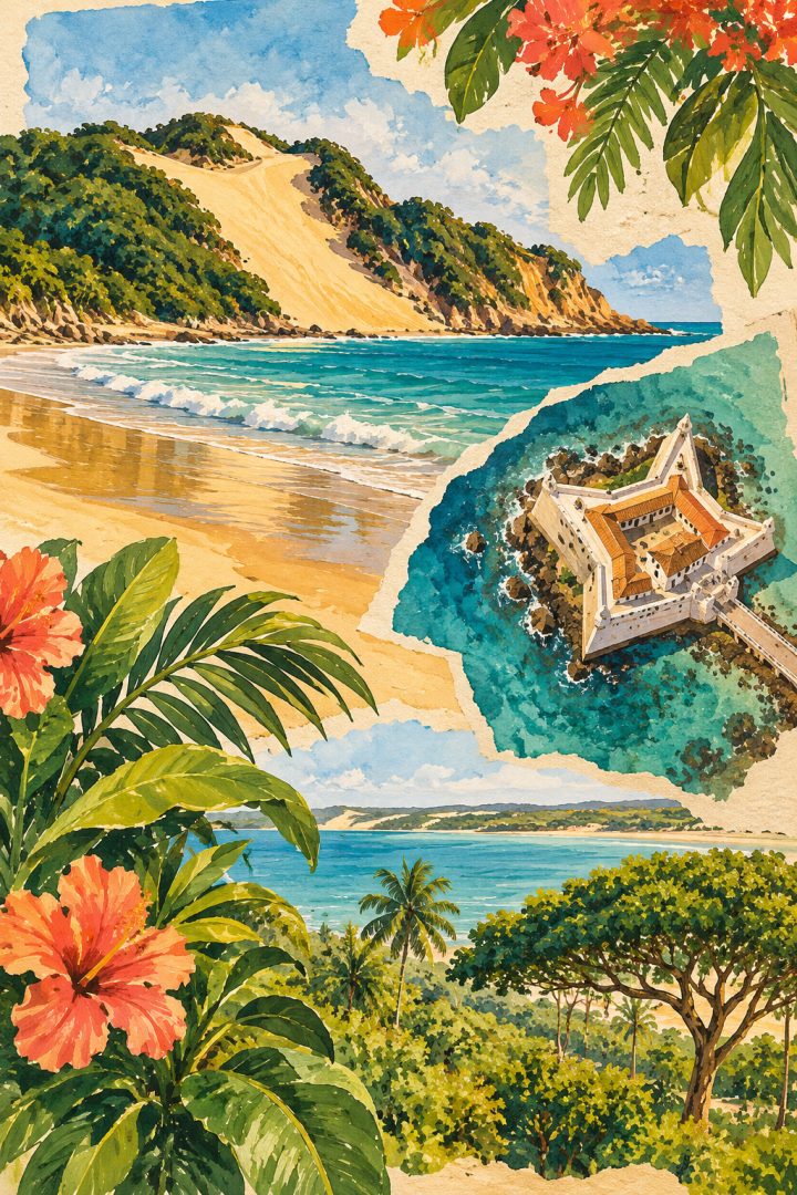 Ilustração artística de Natal reunindo o Morro do Careca, a forma estrelada do Forte dos Reis Magos e a vegetação dos parques.