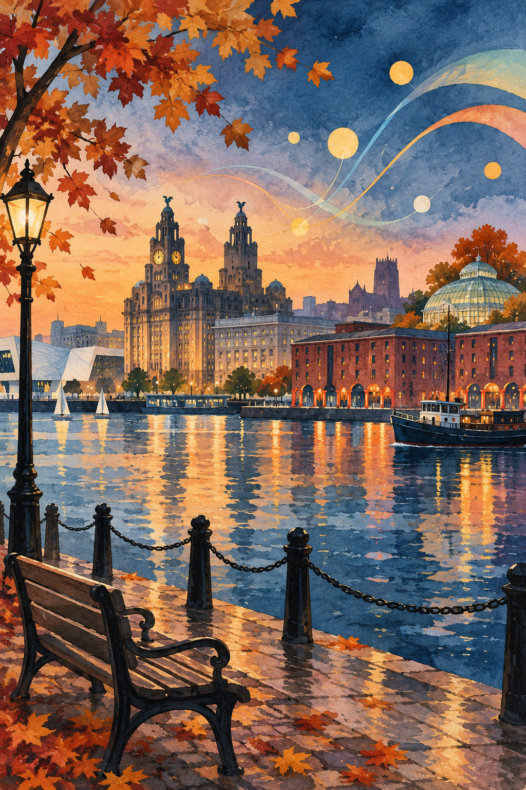 Ilustração artística de Liverpool combinando a orla do Mersey, arquitetura portuária, uma estufa e formas abstratas de música e luz.