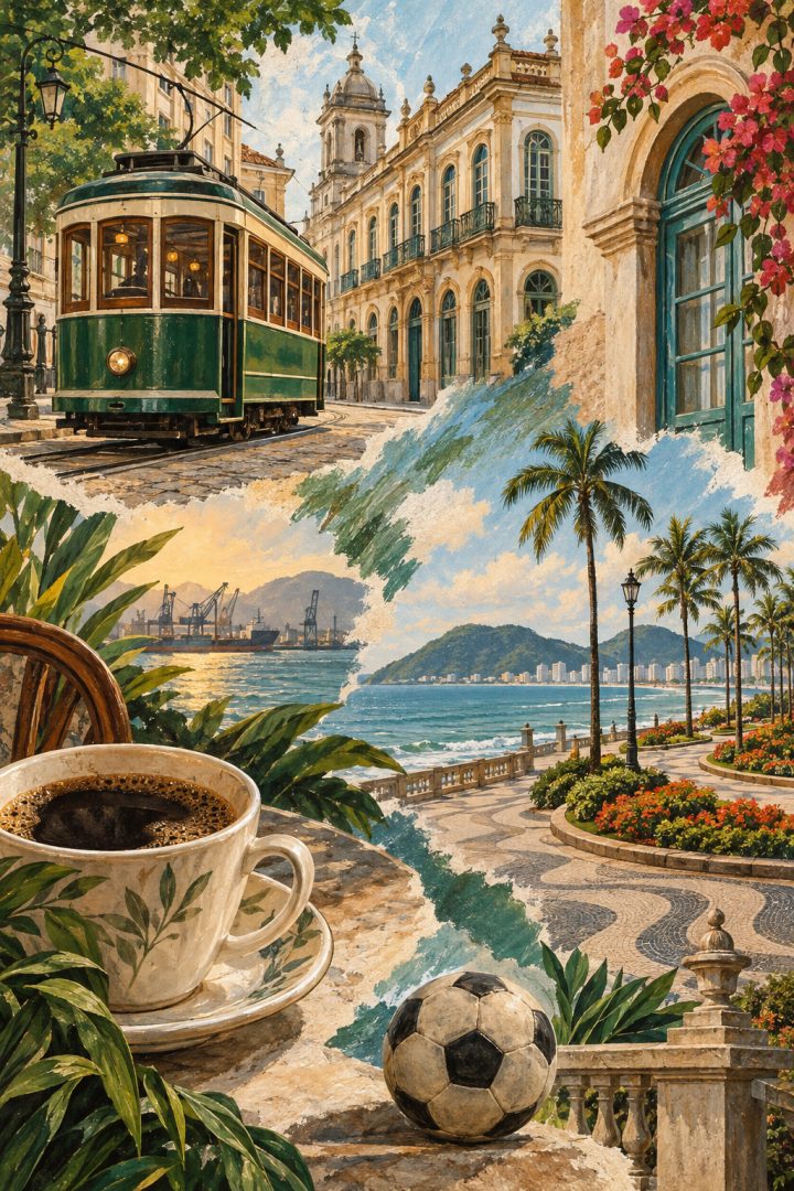 Ilustração artística de Santos com bonde, referências ao café e ao futebol, jardins da orla e mar.