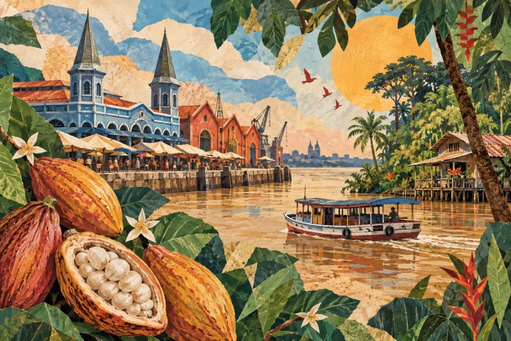 Ilustração artística de Belém com referências ao Ver-o-Peso, à vegetação amazônica, aos rios e ao cacau do Combu.