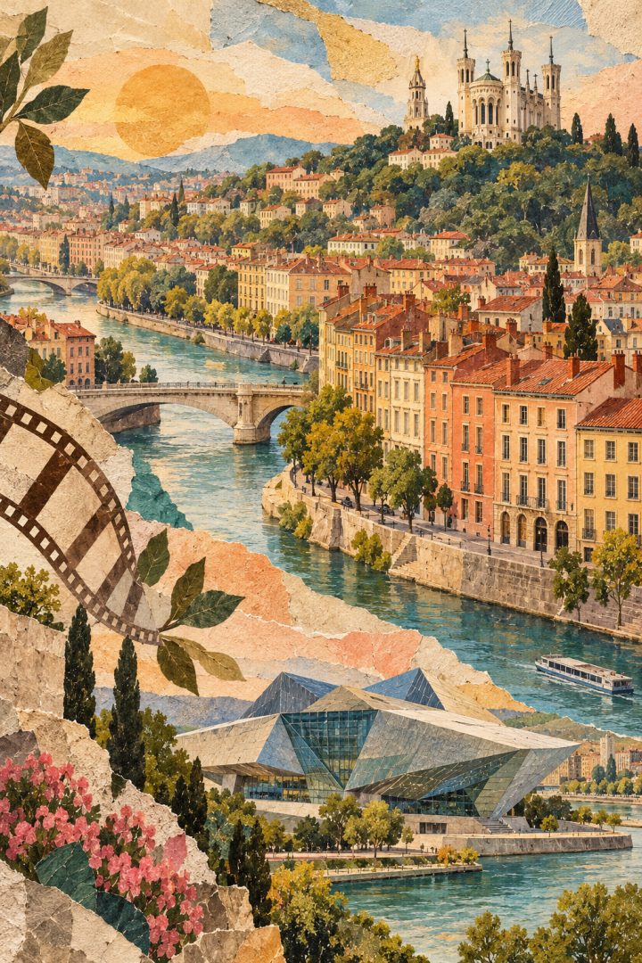 Ilustração artística de Lyon reunindo Fourvière, rios, arquitetura contemporânea e referências ao cinema.