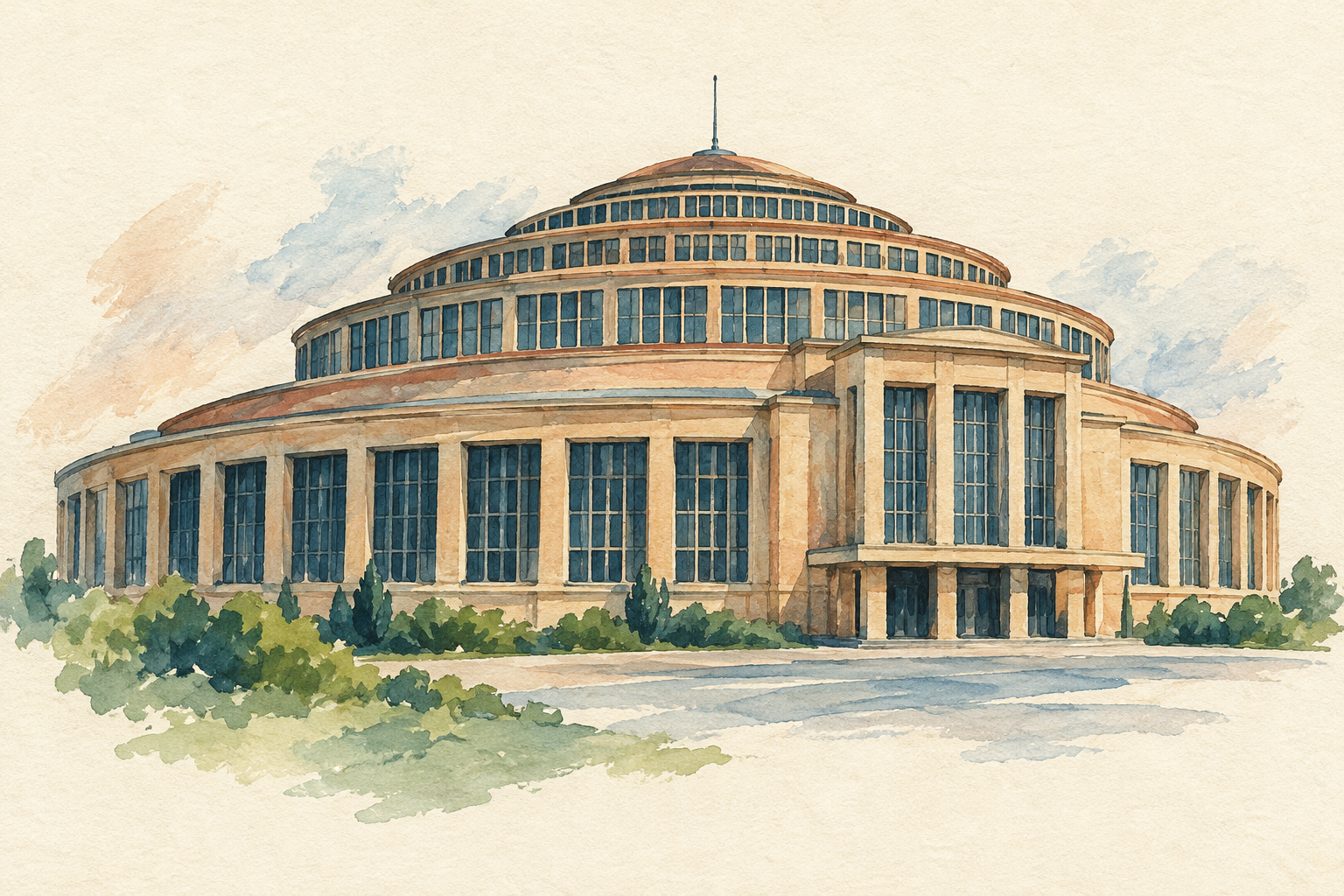 Ilustração em aquarela e guache da Hala Stulecia, em Wrocław, Polônia, destacando seu volume circular e a cobertura escalonada sobre fundo de papel texturizado.