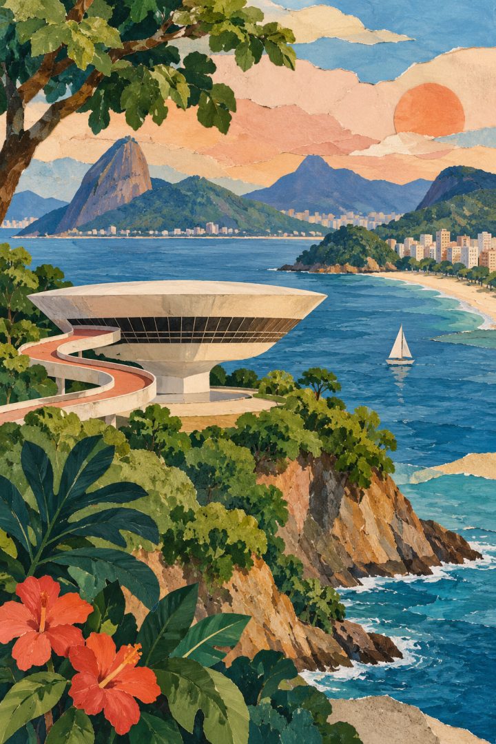Ilustração artística de Niterói reunindo a forma curva do MAC, áreas verdes e o encontro das praias com as montanhas.