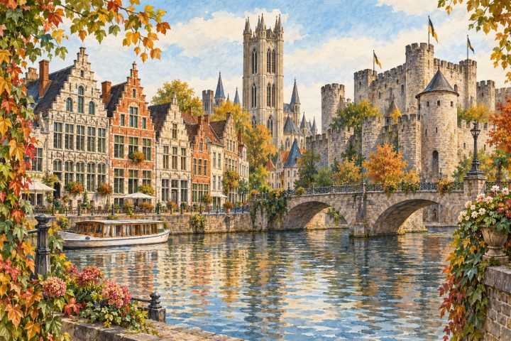 Ilustração artística de Gante com fachadas junto ao rio, o Castelo dos Condes, a torre da Catedral de São Bavão e folhagens.