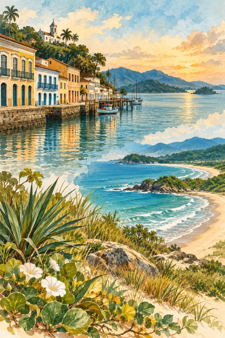 Ilustração artística de São Francisco do Sul reunindo casario à beira da Babitonga, praia e vegetação de restinga.