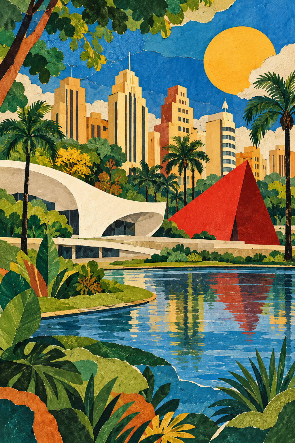 Ilustração artística de Goiânia, combinando arquitetura, lago de parque e vegetação urbana em uma composição colorida.