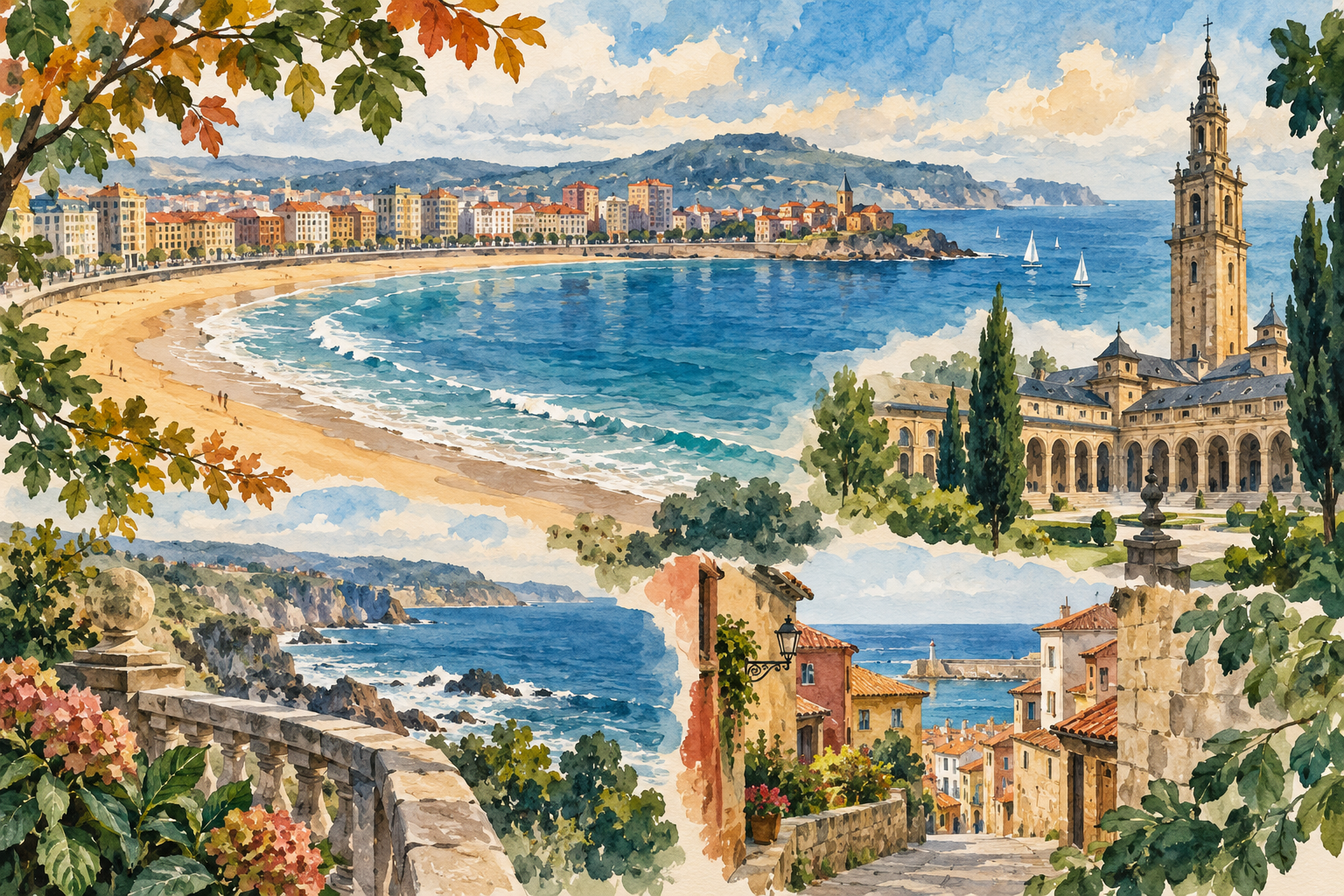 Ilustração artística de Gijón com a curva de San Lorenzo, arquitetura da Laboral e vegetação atlântica.