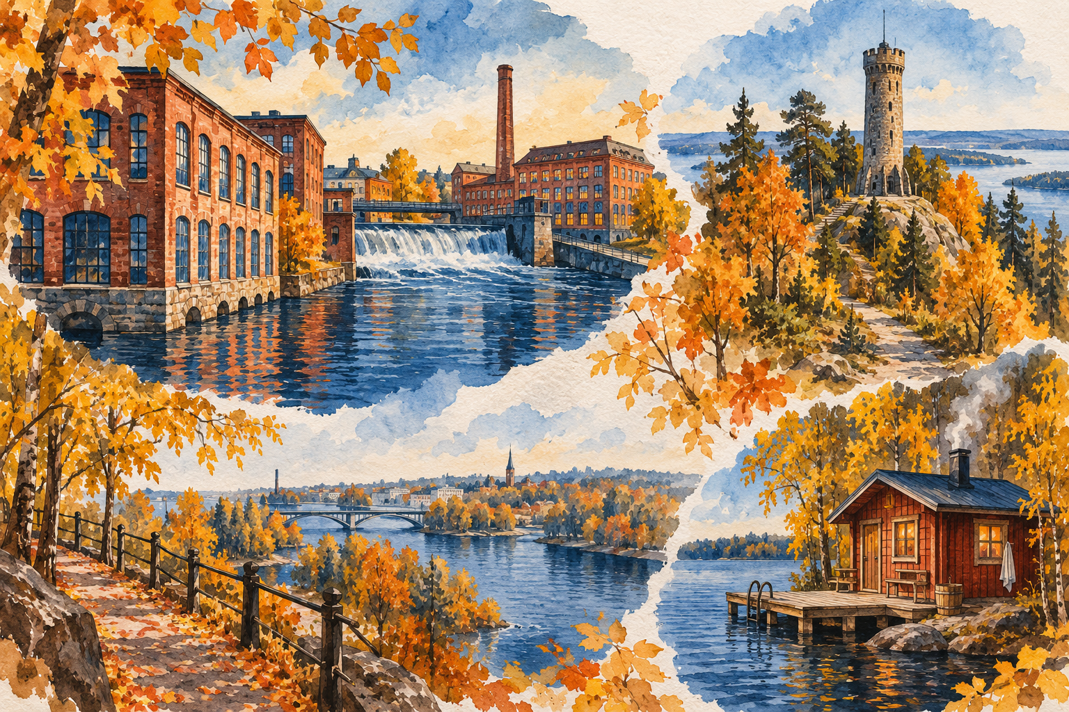 Ilustração artística de Tampere no outono, com edifícios de tijolos, água, uma torre de observação e referências à cultura da sauna.