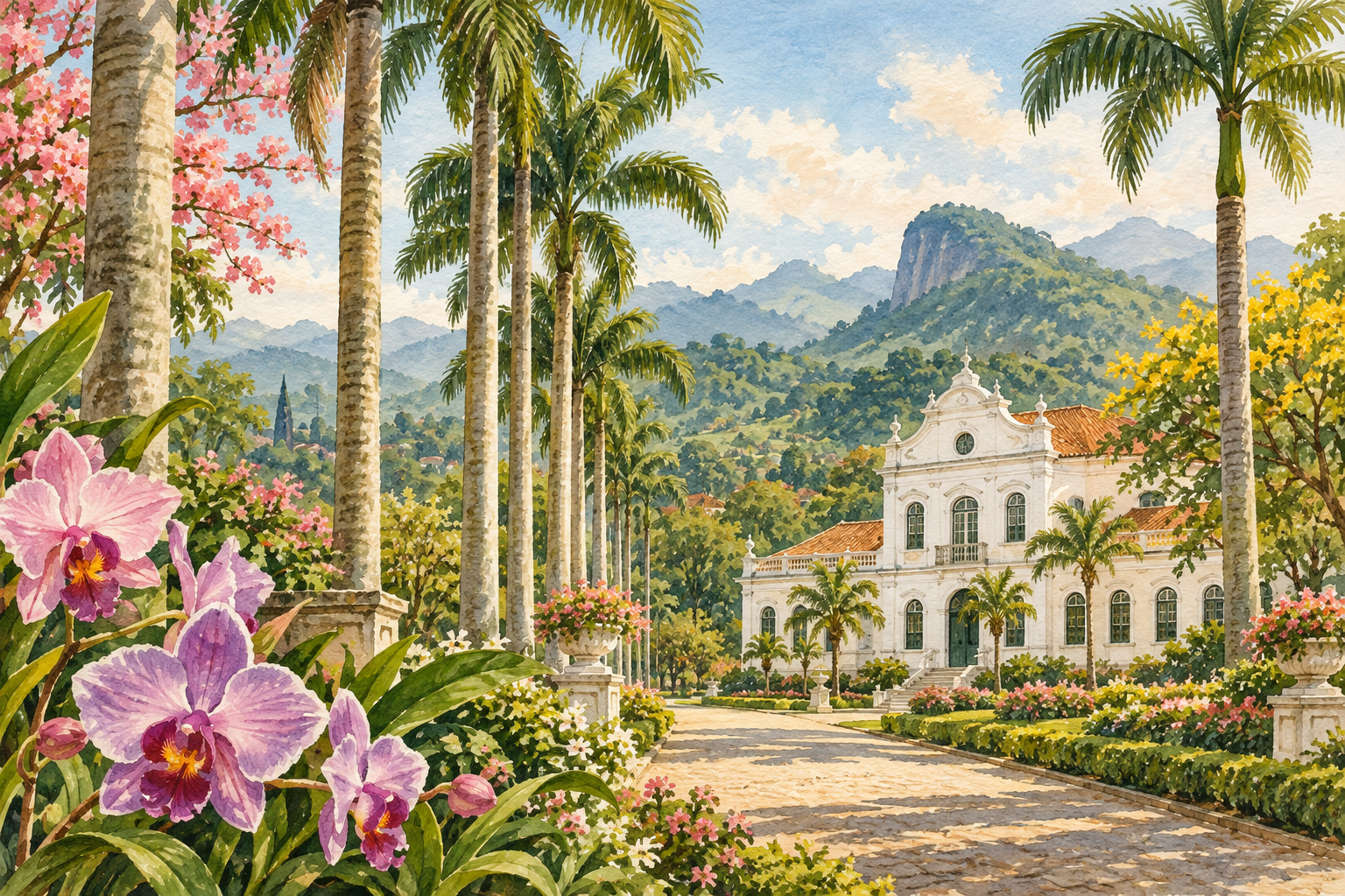 Ilustração artística de Joinville com palmeiras, casarão histórico, jardins floridos e morros ao fundo.