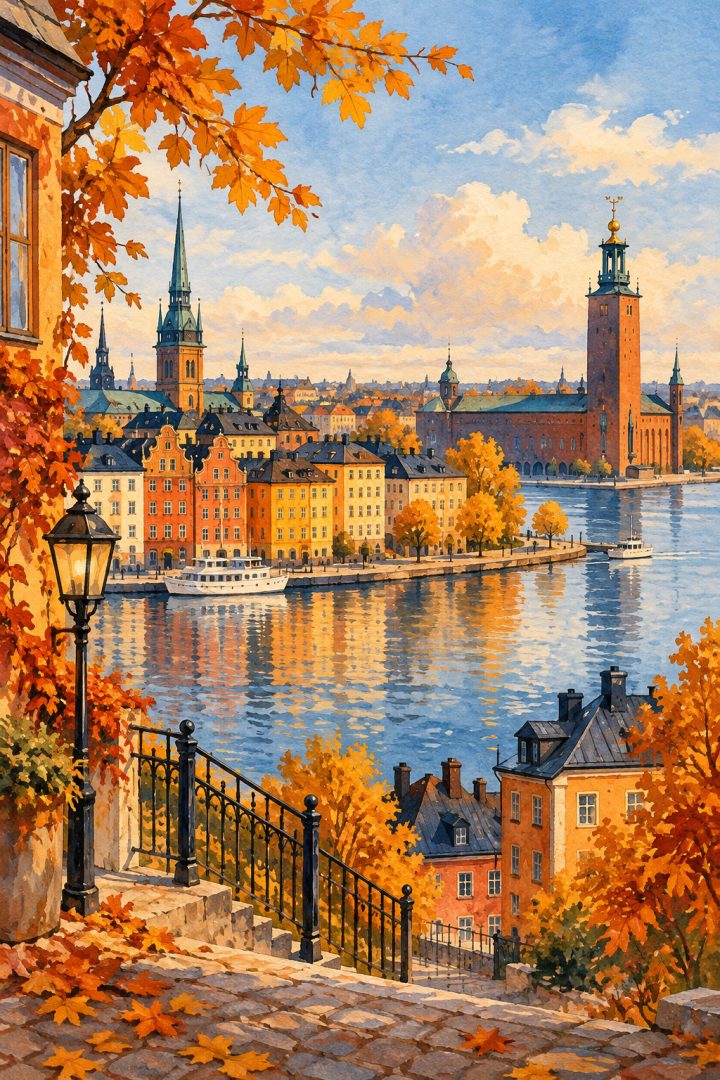 Ilustração artística de Estocolmo com fachadas coloridas, água, torre do Stadshuset e folhas em tons de outono.