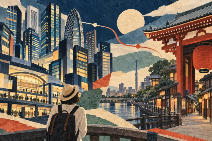 Ilustração artística contrastando edifícios modernos e uma referência de arquitetura tradicional de Tóquio.