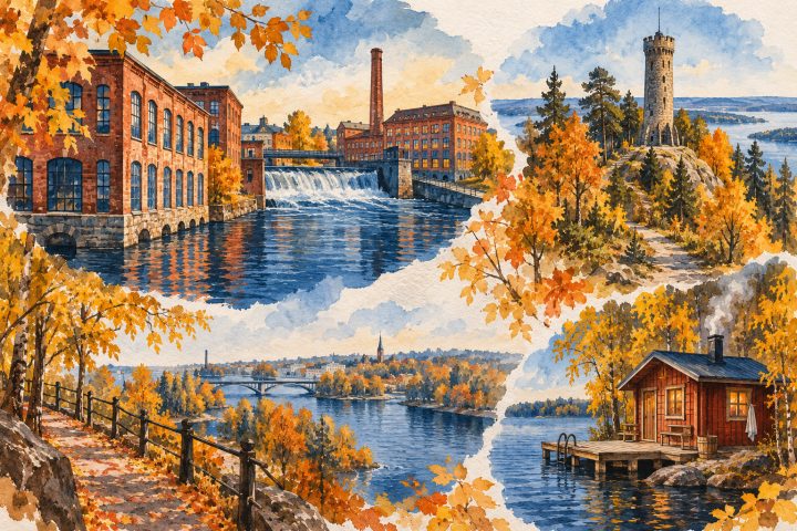 Ilustração artística de Tampere no outono, com edifícios de tijolos, água, uma torre de observação e referências à cultura da sauna.