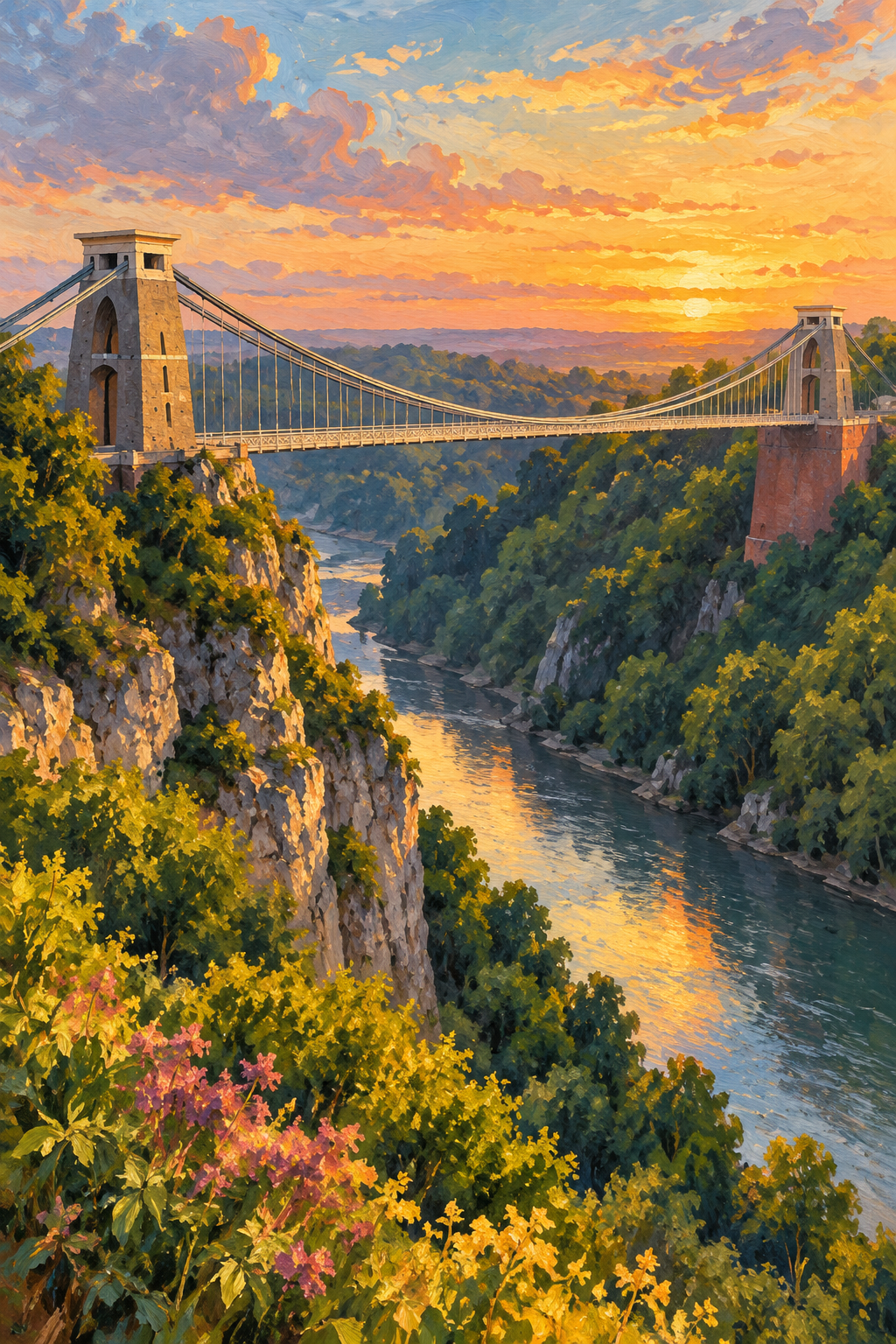 Ilustração da Clifton Suspension Bridge sobre o desfiladeiro do Avon, em Bristol, com encostas arborizadas e o rio abaixo.