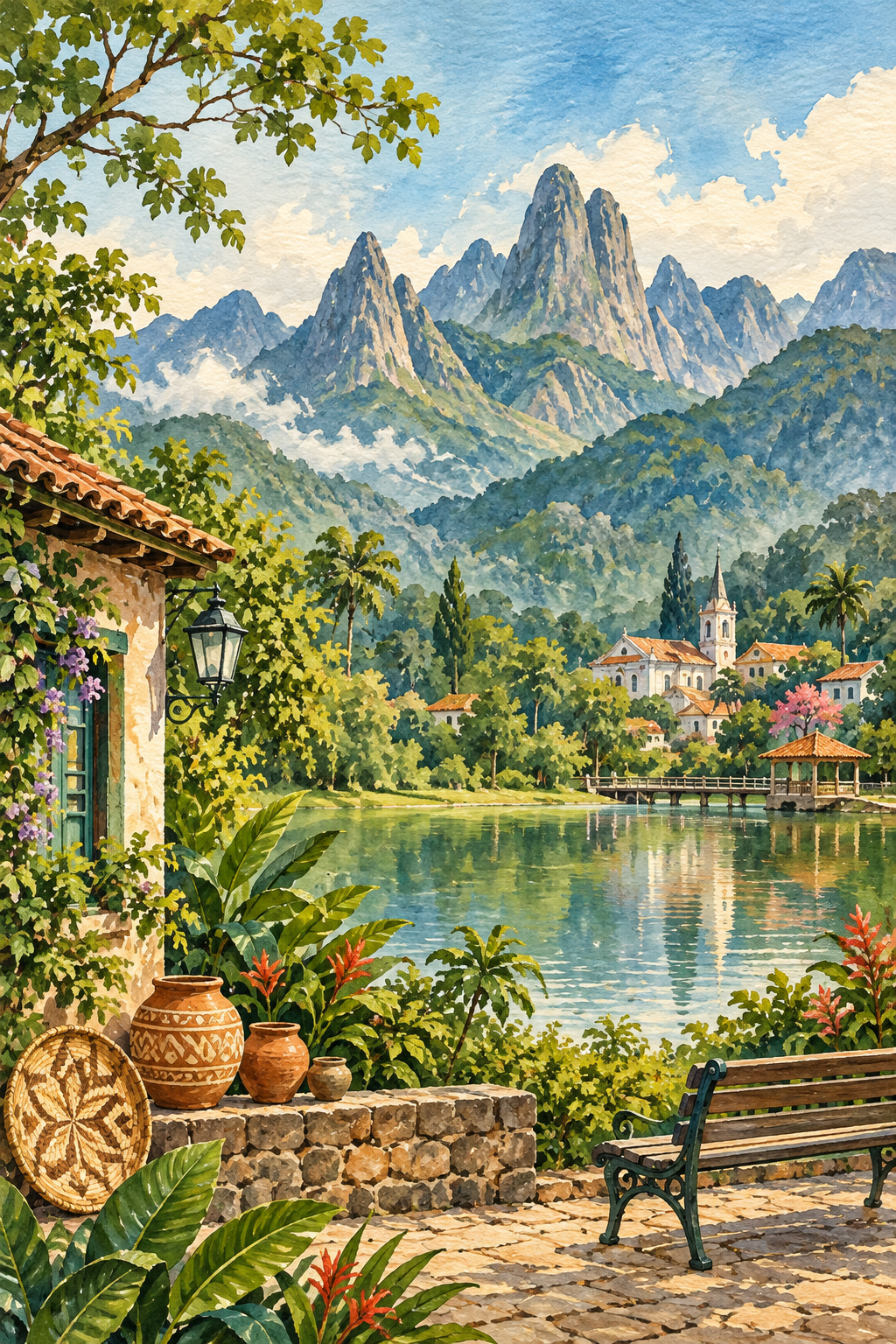 Ilustração artística de Teresópolis com montanhas, lago, vegetação e referências ao patrimônio e ao artesanato.