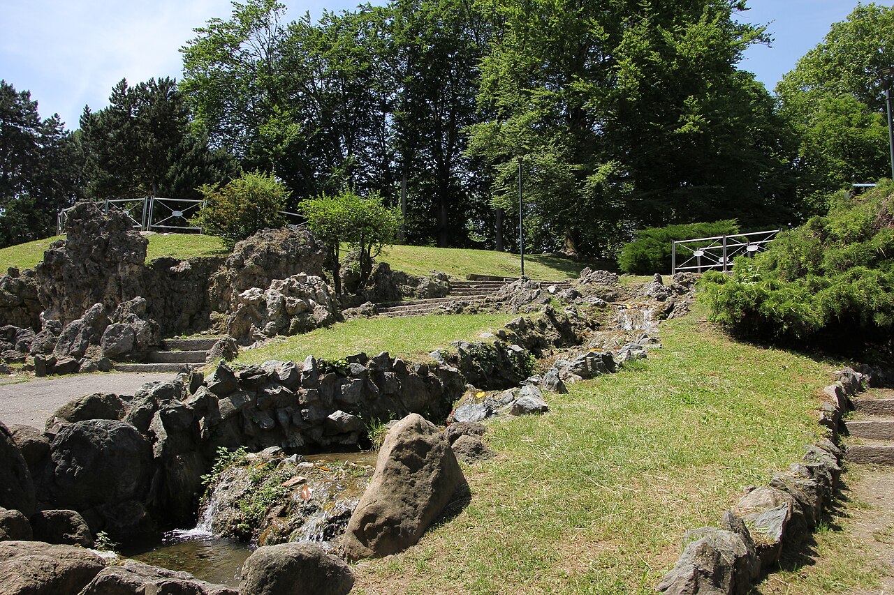 Área ajardinada do Parco del Valentino com árvores, gramados, rochas, pequeno curso d’água com cascatas e caminhos.