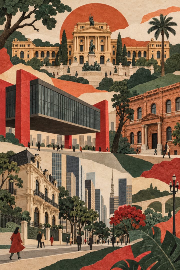 Ilustração artística de São Paulo reunindo referências ao Museu do Ipiranga, à Avenida Paulista, ao MASP e à Pinacoteca.