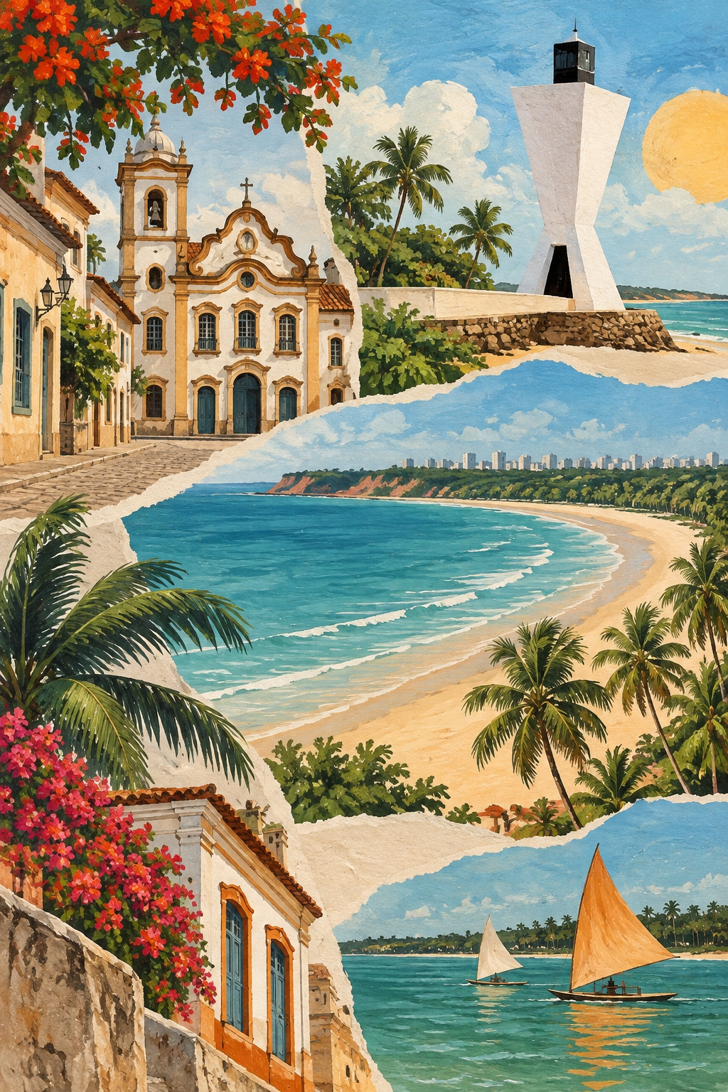 Ilustração artística de João Pessoa reunindo mar, coqueiros, arquitetura histórica e uma interpretação do Farol do Cabo Branco.