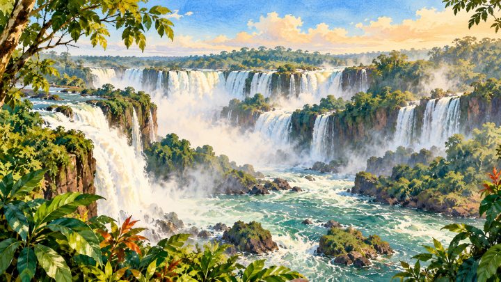 Ilustração em aquarela das Cataratas do Iguaçu, com quedas-d’água entre paredões rochosos, névoa e vegetação densa.