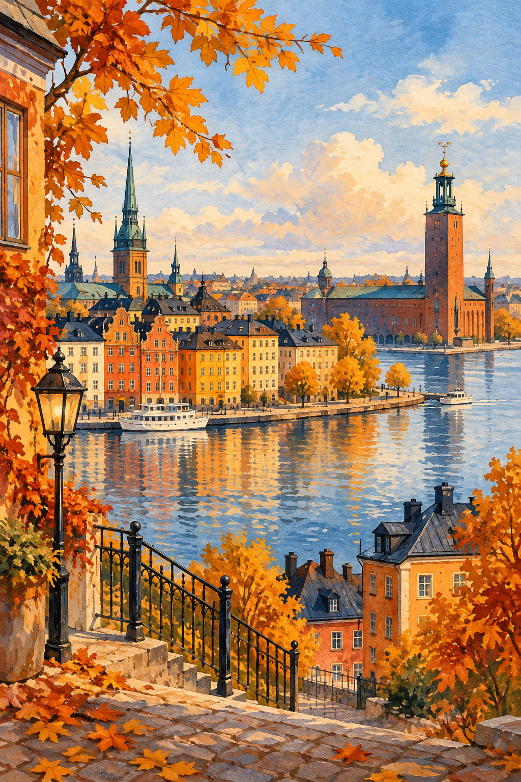 Ilustração artística de Estocolmo com fachadas coloridas, água, torre do Stadshuset e folhas em tons de outono.