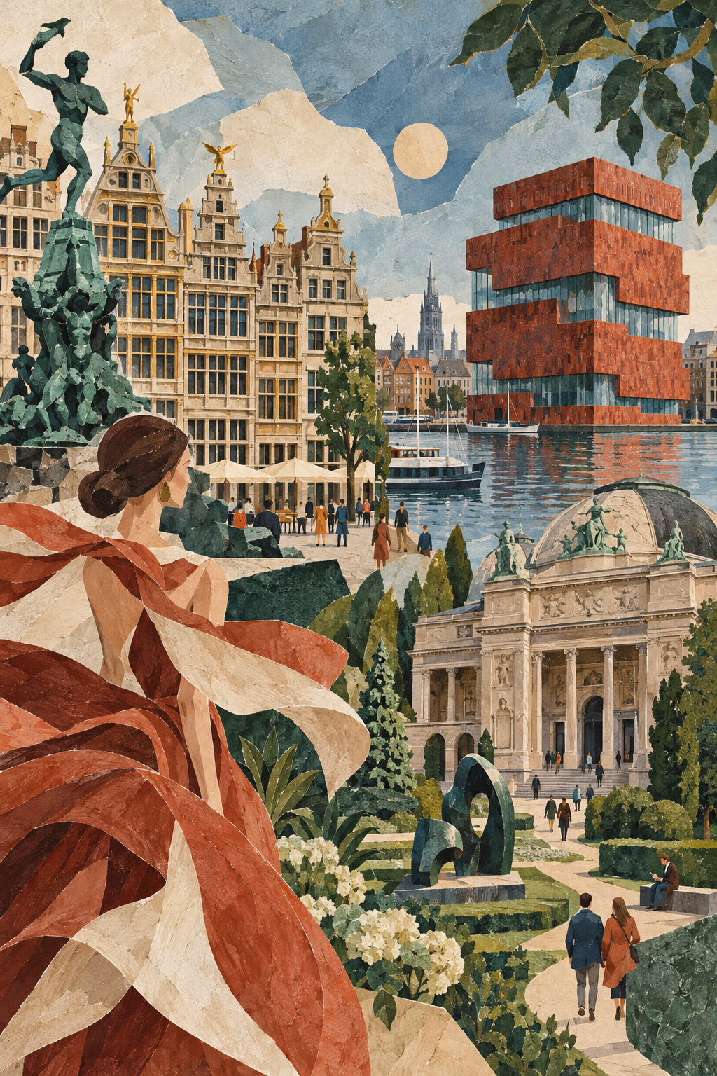 Ilustração artística de Antuérpia reunindo fachadas históricas, o volume avermelhado do MAS, referências à moda e jardins de esculturas.