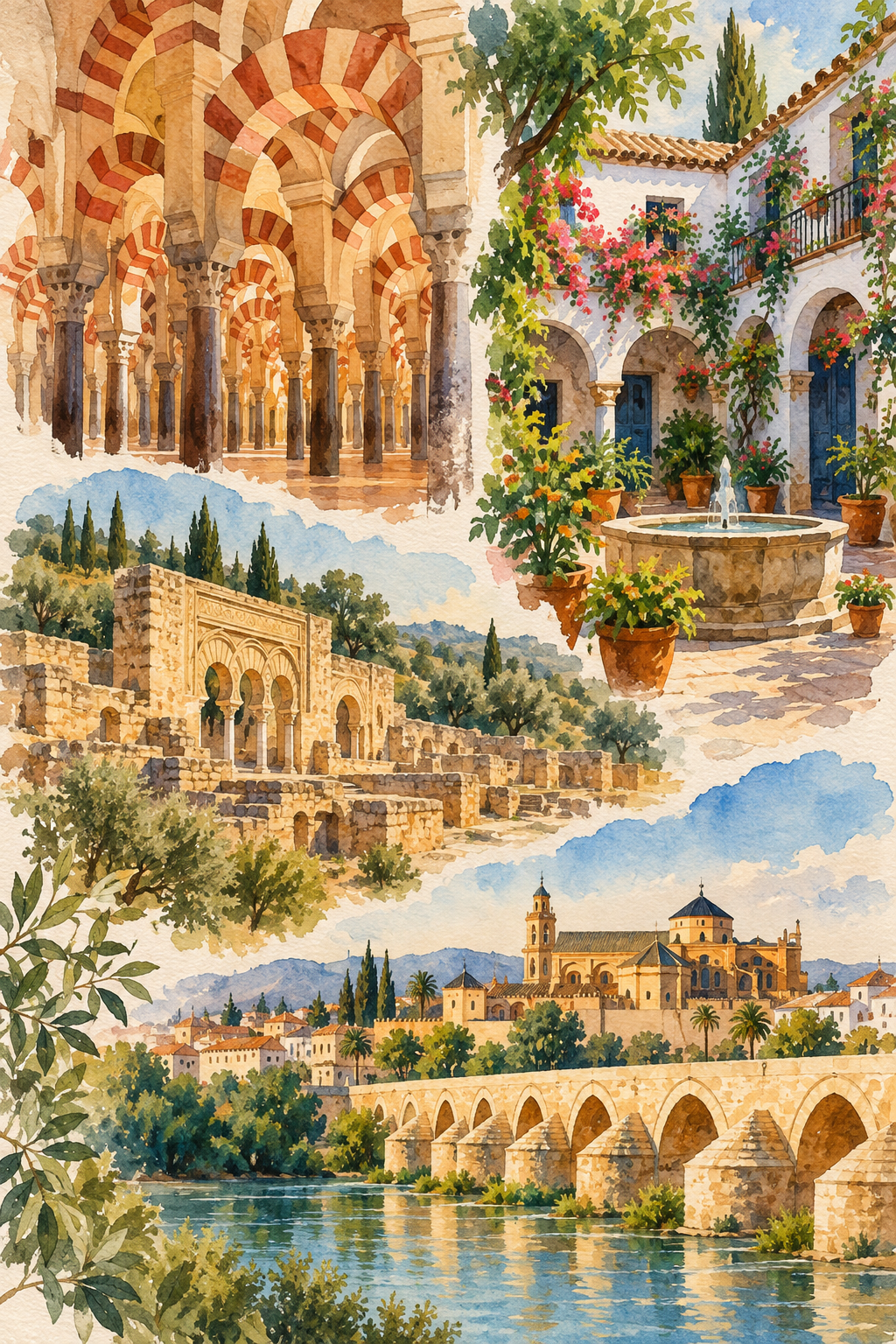 Ilustração artística de Córdoba reunindo arcos, um pátio ajardinado, ruínas e a Ponte Romana sobre o Guadalquivir.