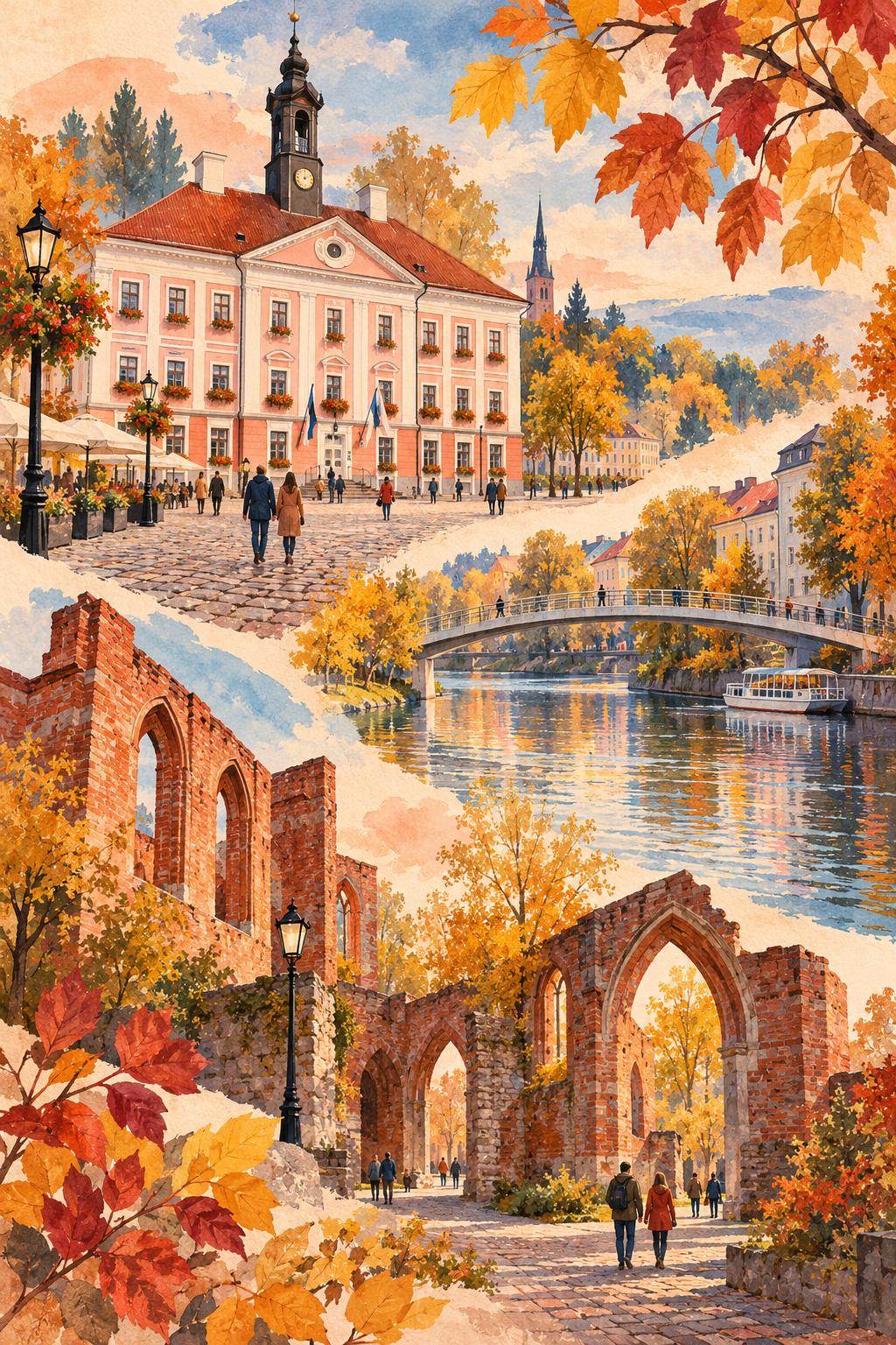 Ilustração artística de Tartu com a prefeitura rosada, o rio Emajõgi e arcos de tijolos da catedral em uma composição de outono.