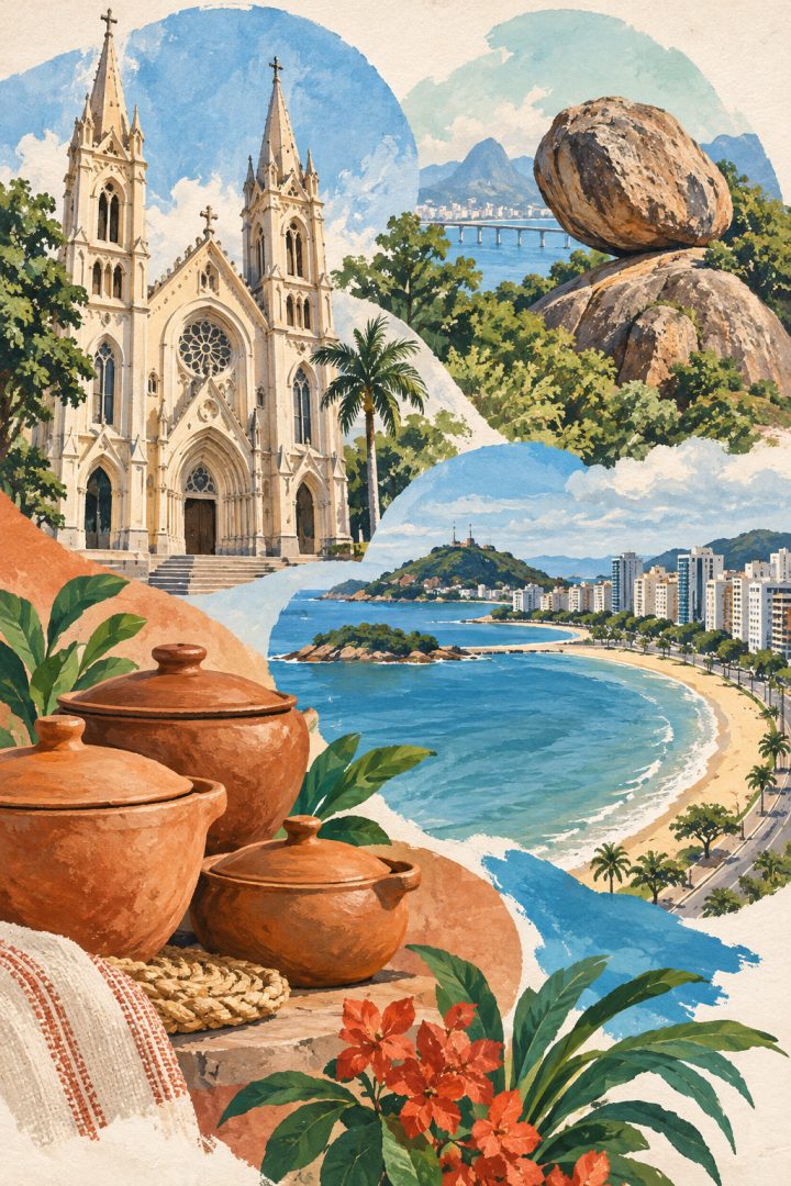 Ilustração artística de Vitória com referências à Catedral Metropolitana, às panelas de barro, à Pedra da Cebola e à orla.