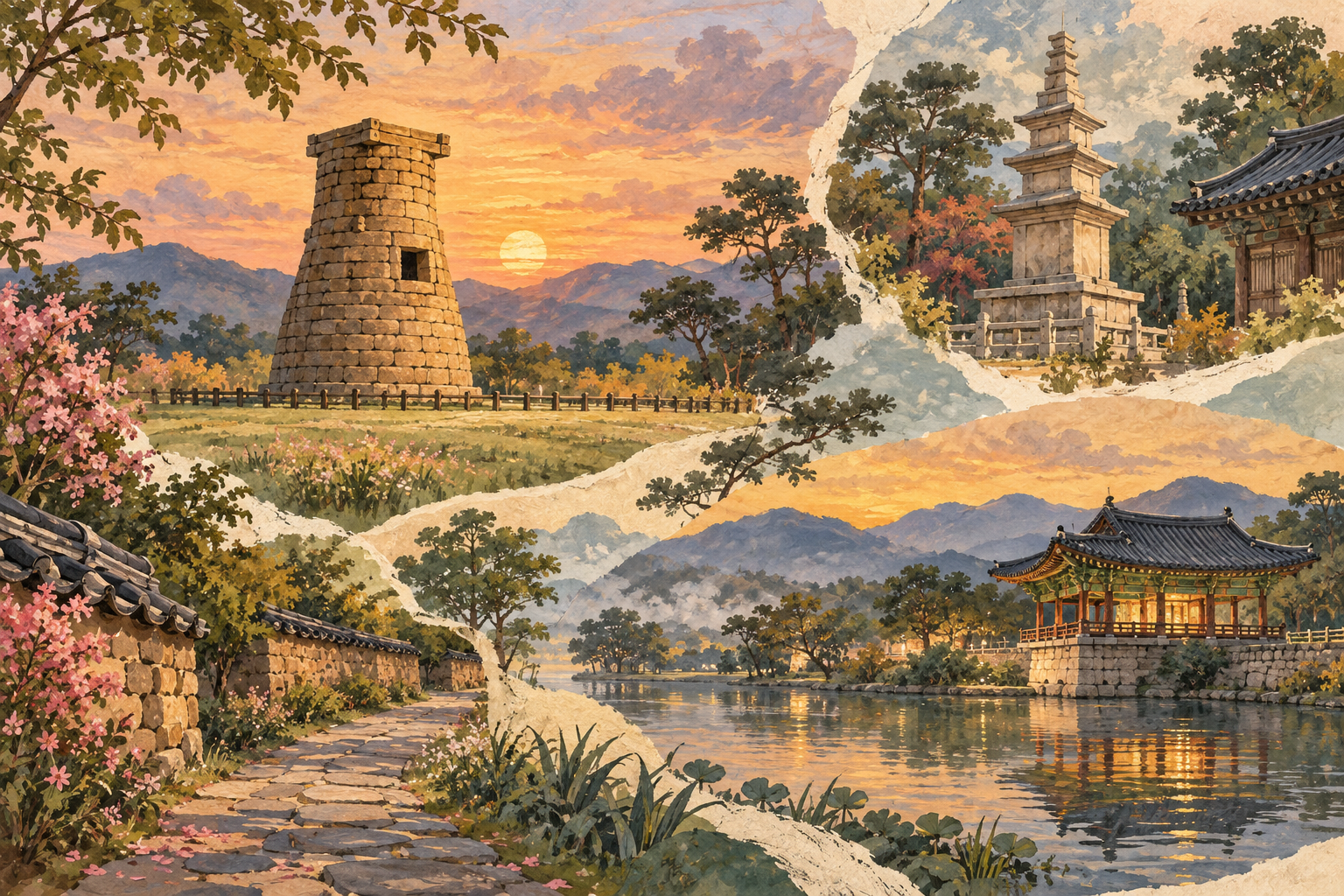 Ilustração artística de Gyeongju com observatório de pedra, pagode e pavilhão refletido na água ao entardecer.