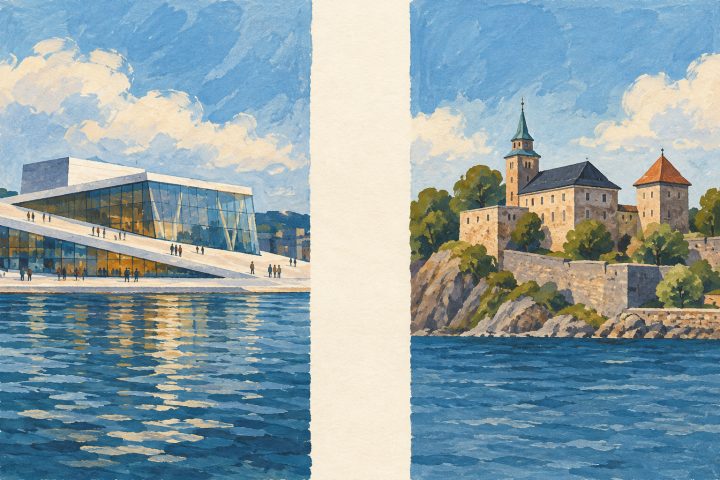 Montagem artística em duas vinhetas separadas: a Ópera de Oslo junto à água e construções de pedra da Fortaleza de Akershus, sem continuidade geográfica entre as cenas.