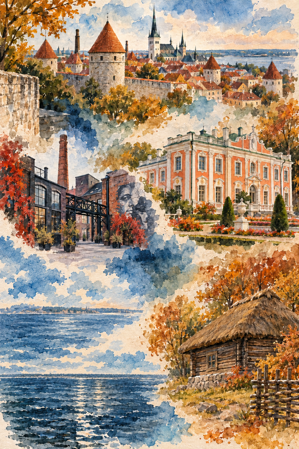 Ilustração em aquarela reunindo muralhas de Tallinn, o Palácio Kadriorg, arquitetura industrial, uma casa rural e pinceladas azuis do mar.