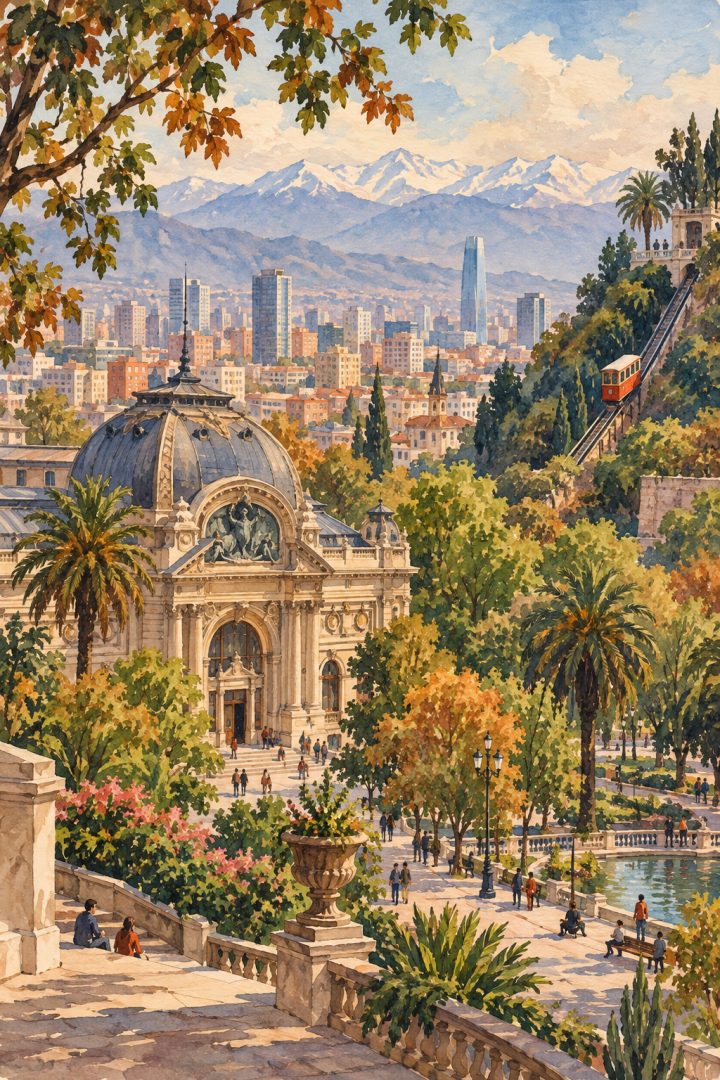 Ilustração artística de Santiago com arquitetura de museu, áreas verdes, um funicular e a cidade entre colinas.