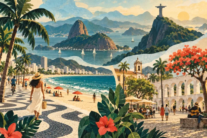 Ilustração editorial do Rio combinando formas de montanha, orla e cidade.